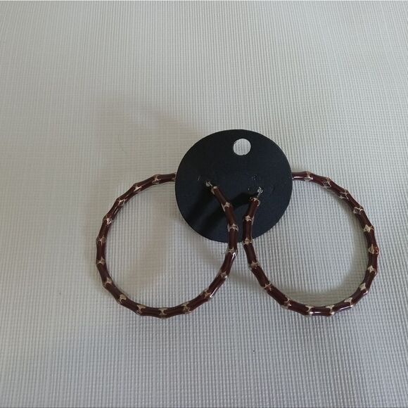 Dark Brown Enamel & Silver Toned Bamboo Style Thin Metal Hoop Fashion Earrings - Picture 2 of 8